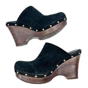 UGG Marsalis Black Suede Studded Wood Platform Wedge Heel Clog Mule 7 1004261